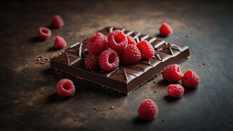  A small serving of raspberries, a square of dark chocolate