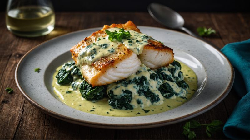 Baked Cod with Spinach Cream Sauce