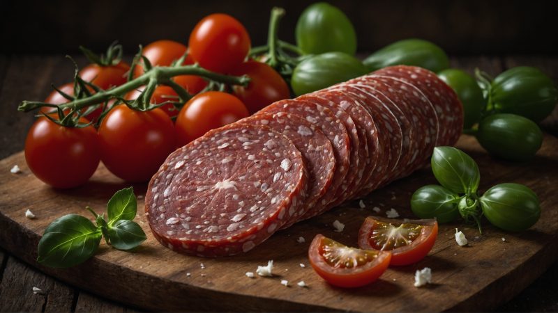 A few slices of salami, a few cherry tomatoes