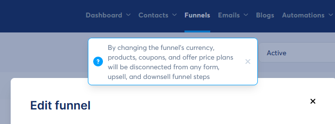 Funnel Currency Warning in Systeme.io